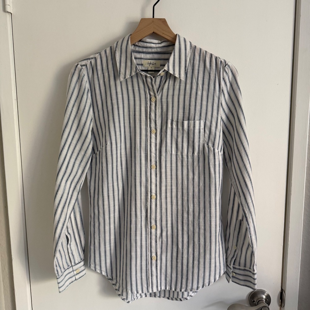Style & Co Blue White Striped Button Down Shirt 100% Cotton Chic Preppy - Picture 1 of 5